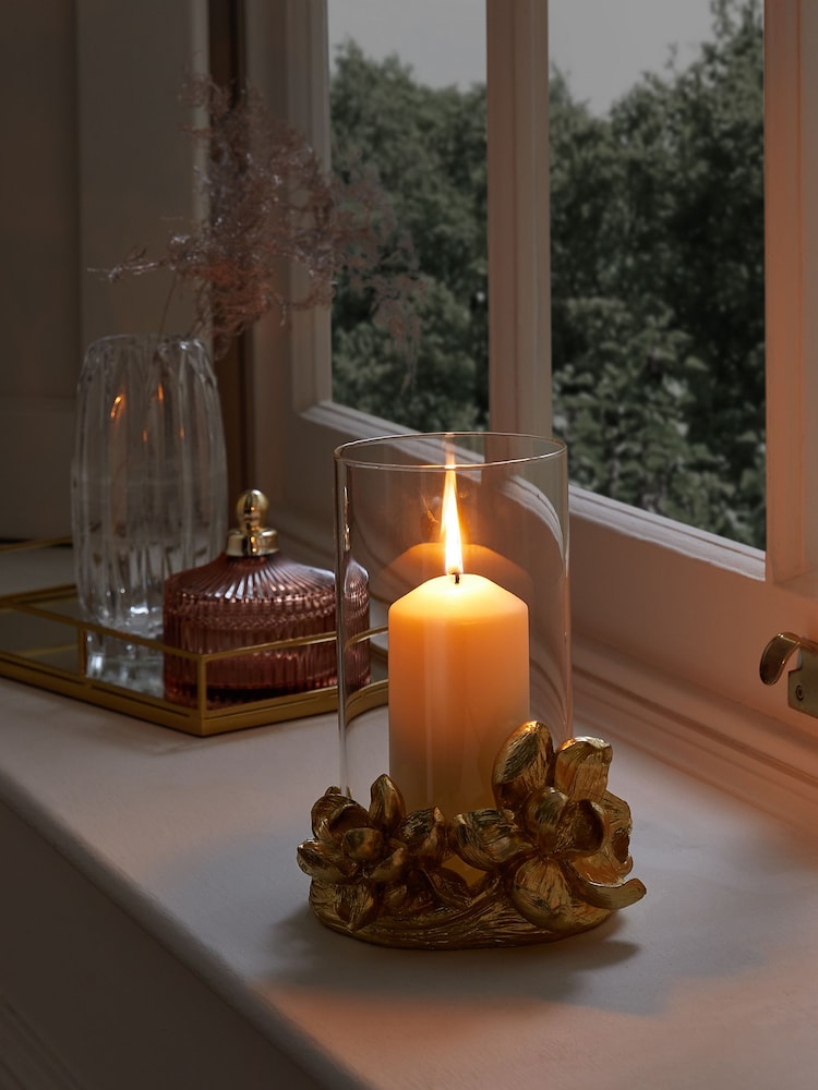 Gold Magnolia Flower Hurricane Candle Holder - Image 2 of 4