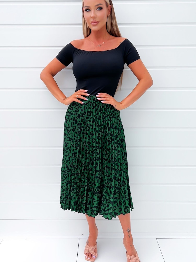 AX Paris Green Animal Print Two-In-One Pleated Midi Dress - Image 1 of 4 AX Paris Green Animal Print Two-In-One Pleated Midi Dress - Image 1 of 4