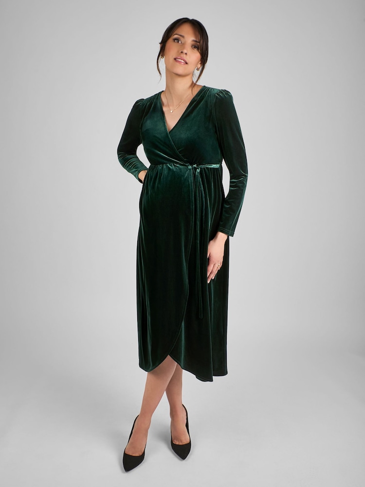 JoJo Maman Bébé Green Velvet V-Neck Maternity & Nursing Wrap Dress - Image 1 of 4