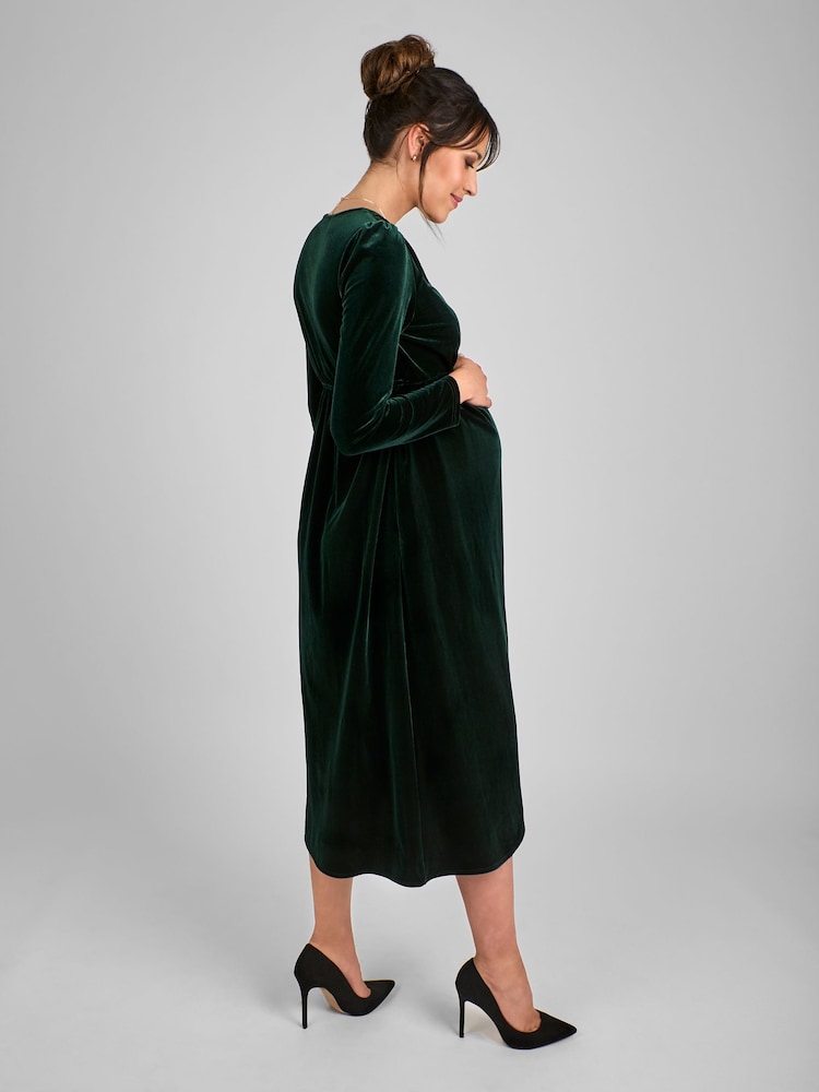JoJo Maman Bébé Green Velvet V-Neck Maternity & Nursing Wrap Dress - Image 2 of 4
