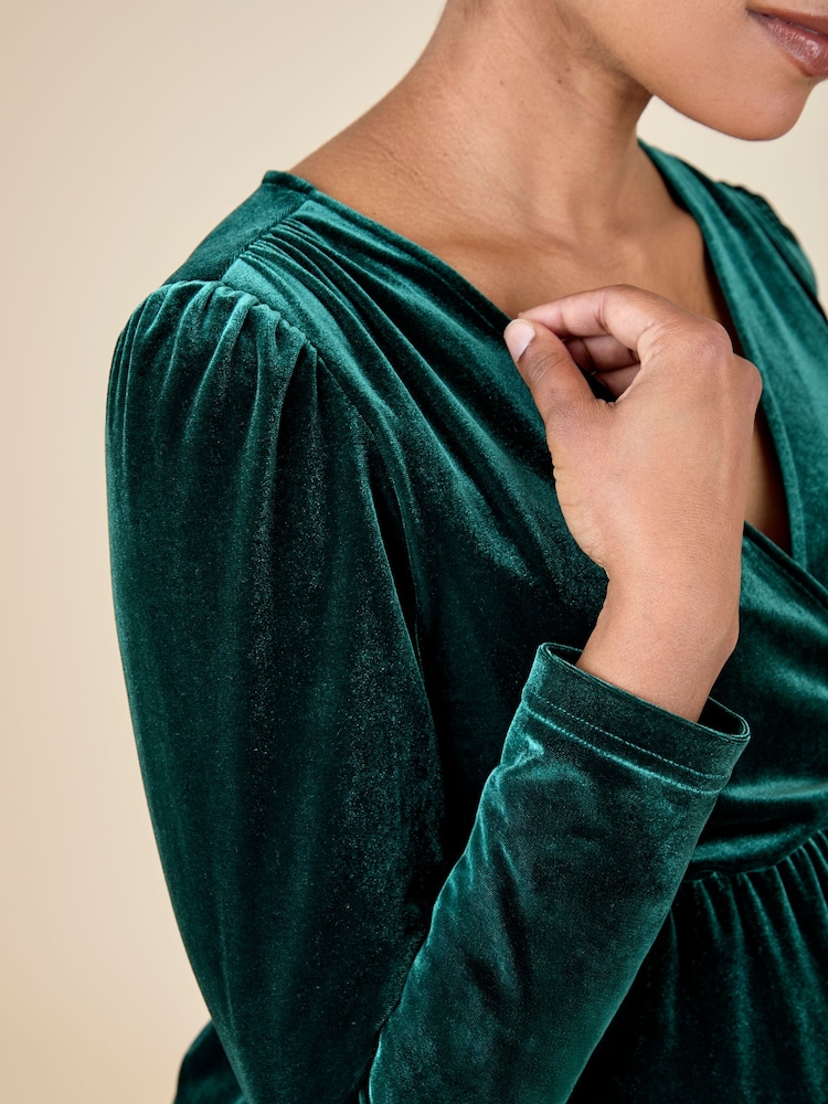 JoJo Maman Bébé Green Velvet V-Neck Maternity & Nursing Wrap Dress - Image 6 of 6