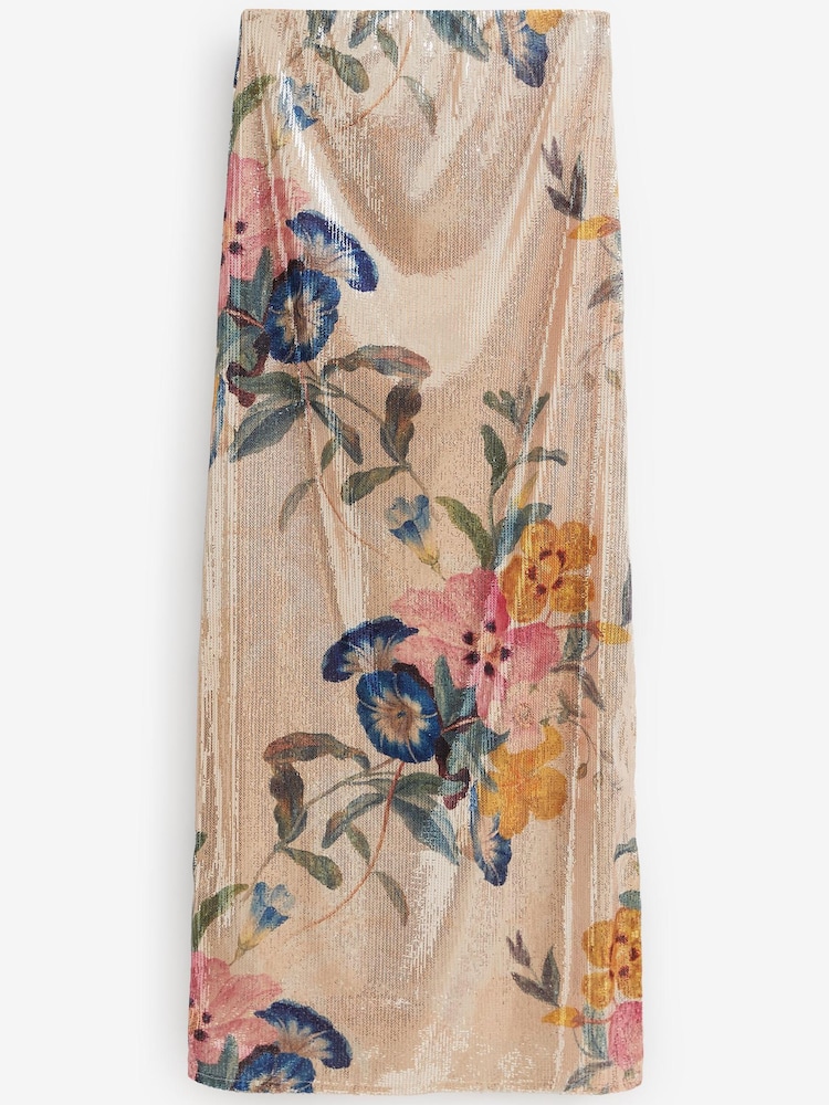 Ecru Cream Floral Printed Sequin Bandeau Midi Dress - Image 5 of 5