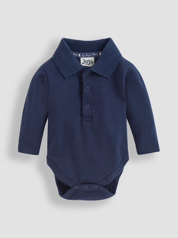 JoJo Maman Bébé Navy Blue Plain Long Sleeve Polo Shirt Bodysuit - Image 1 of 3