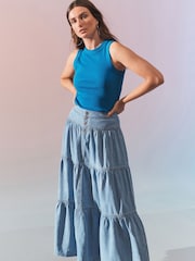Mid Blue Tiered Maxi Denim Skirt - Image 1 of 9