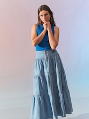 Mid Blue Tiered Maxi Denim Skirt - Image 4 of 9