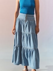 Mid Blue Tiered Maxi Denim Skirt - Image 5 of 9