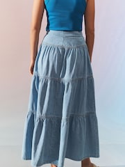 Mid Blue Tiered Maxi Denim Skirt - Image 6 of 9