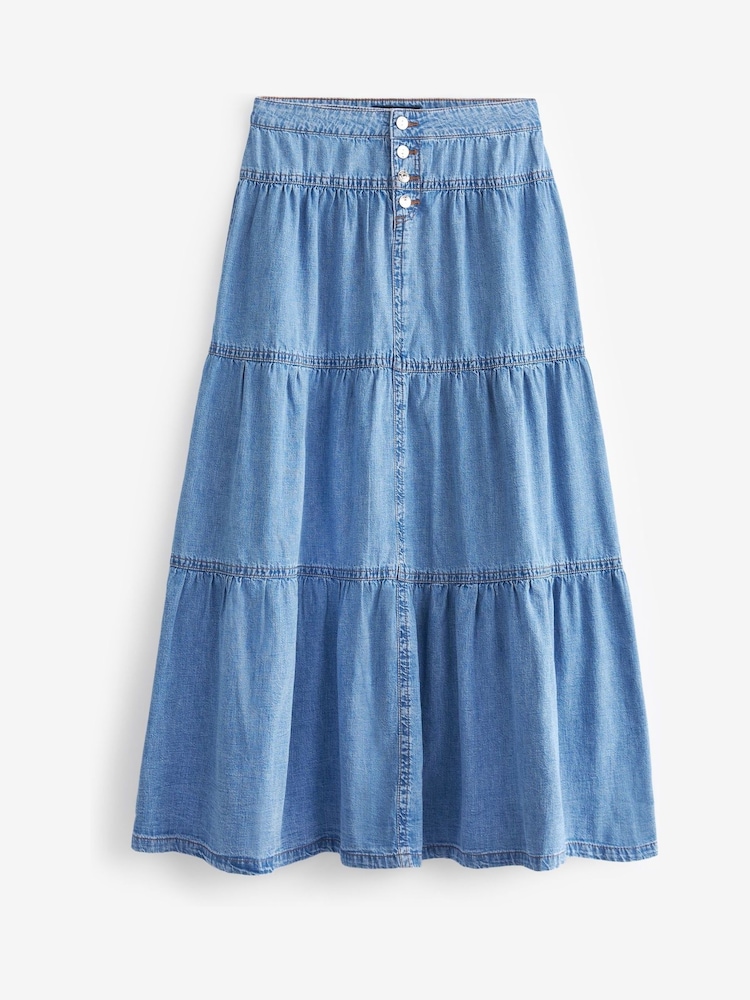 Mid Blue Tiered Maxi Denim Skirt - Image 8 of 8 Mid Blue Tiered Maxi Denim Skirt - Image 8 of 8