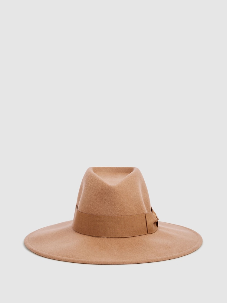 Reiss Camel Claudia Wool Wide Brim Fedora Hat - Image 5 of 5