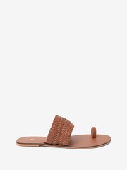 Tan Brown Leather Woven Toe Loop Sandals - Image 3 of 6
