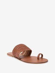 Tan Brown Leather Woven Toe Loop Sandals - Image 4 of 6