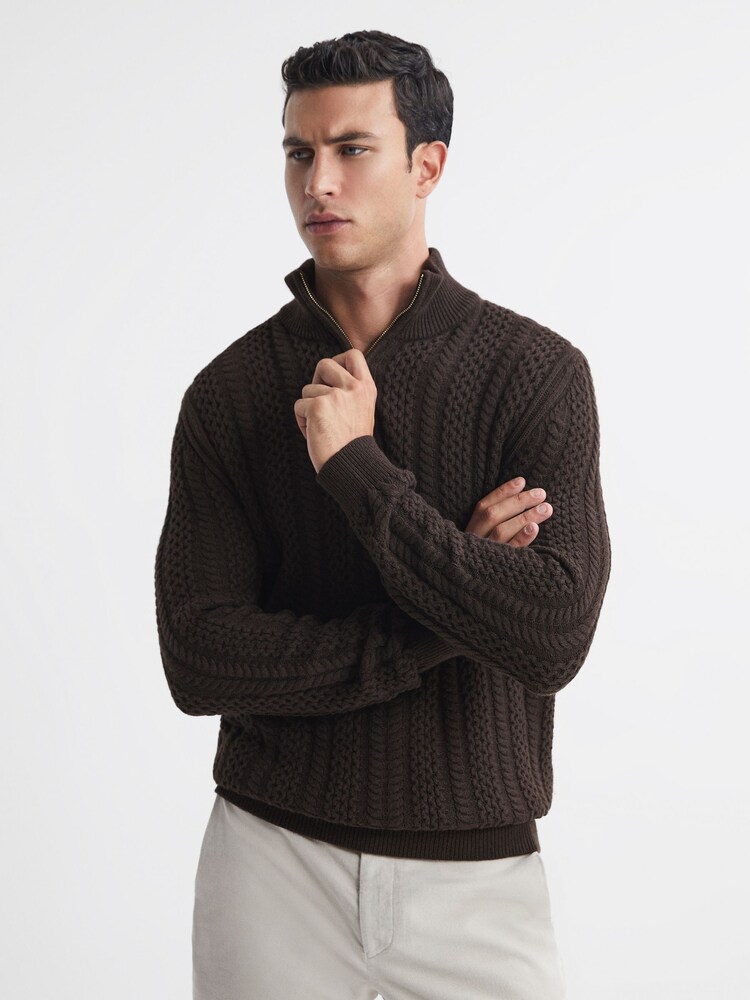Reiss Chocolate Bantham Cable Knit Half-Zip Funnel Neck Jumper - Image 1 of 5
