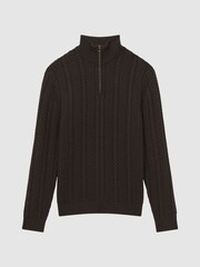 Reiss Chocolate Bantham Cable Knit Half-Zip Funnel Neck Jumper - Image 2 of 5