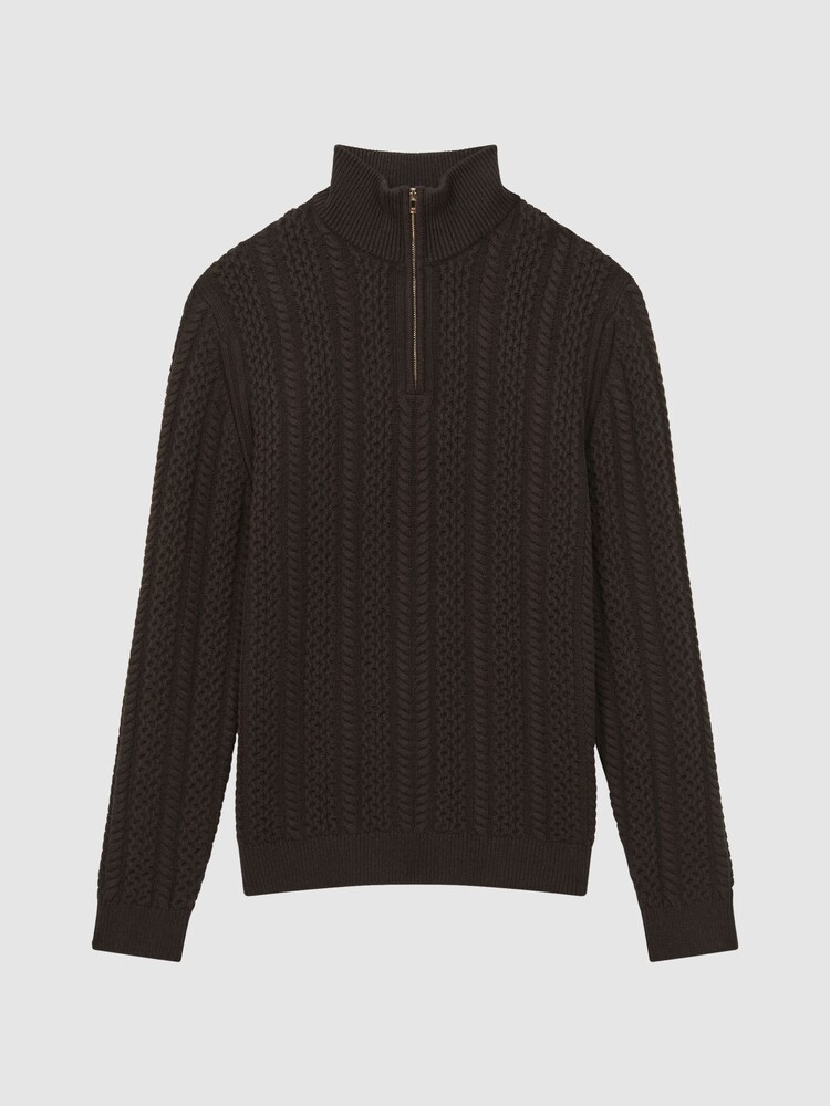 Reiss Chocolate Bantham Cable Knit Half-Zip Funnel Neck Jumper - Image 2 of 5 Reiss Chocolate Bantham Cable Knit Half-Zip Funnel Neck Jumper - Image 2 of 5