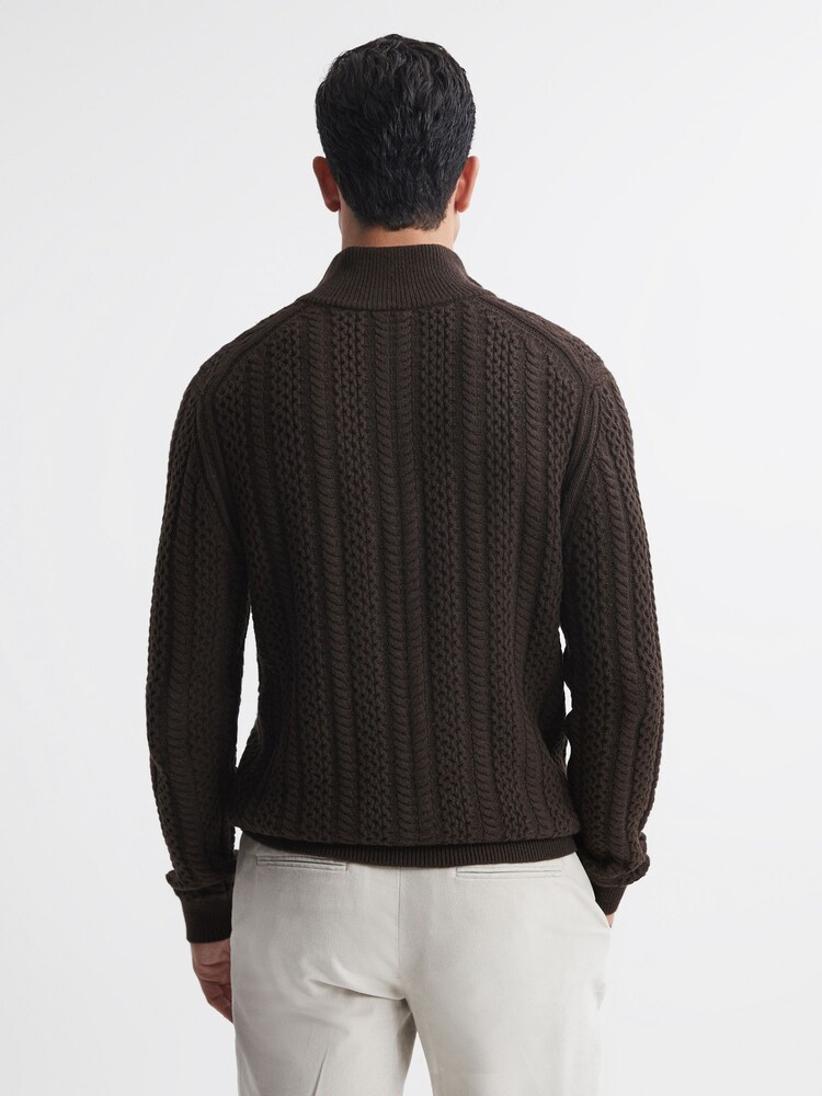 Reiss Chocolate Bantham Cable Knit Half-Zip Funnel Neck Jumper - Image 5 of 5 Reiss Chocolate Bantham Cable Knit Half-Zip Funnel Neck Jumper - Image 5 of 5
