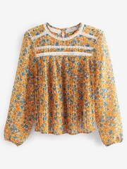 Yellow Ditsy Pleat Front Long Sleeve Round Neck Blouse - Image 5 of 5