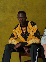 River Island Black Argyle Pattern Knit Cardigan - Image 1 of 2