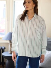 Blanc avec Bleu Rayé - Chemise en coton Manche longue rayée surdimensionnée - Image 1 de 5