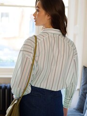 Blanc avec Bleu Rayé - Chemise en coton Manche longue rayée surdimensionnée - Image 2 de 5