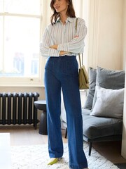 Blanc avec Bleu Rayé - Chemise en coton Manche longue rayée surdimensionnée - Image 3 de 5