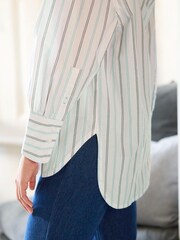 Blanc avec Bleu Rayé - Chemise en coton Manche longue rayée surdimensionnée - Image 4 de 5