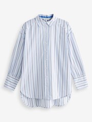 Blanc avec Bleu Rayé - Chemise en coton Manche longue rayée surdimensionnée - Image 5 de 5