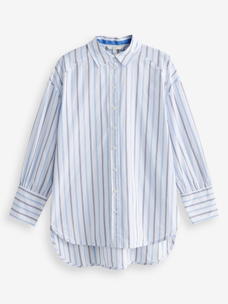 Blanc avec Bleu Rayé - Chemise en coton Manche longue rayée surdimensionnée - Image 5 de 5