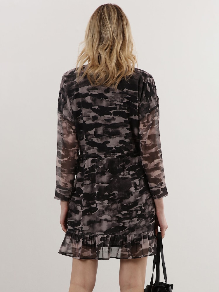 Religion Black Long Sleeve Mini Dress with Tied Waist and Ruffle Hem - Image 2 of 6