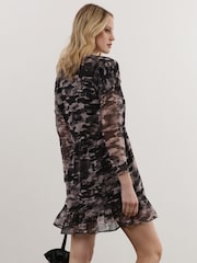 Religion Black Long Sleeve Mini Dress with Tied Waist and Ruffle Hem - Image 3 of 6