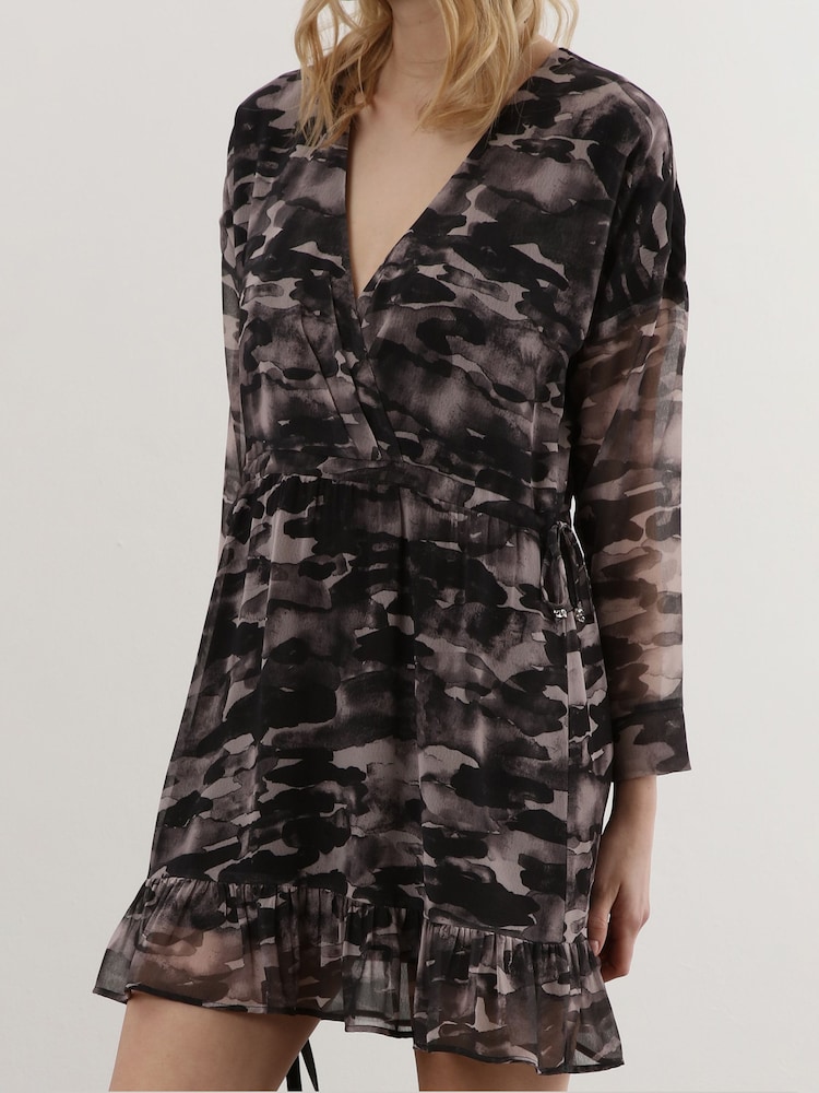 Religion Black Long Sleeve Mini Dress with Tied Waist and Ruffle Hem - Image 6 of 6