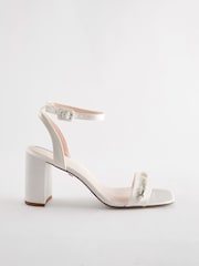 White Jeweled Forever Comfort® Wedding Satin Block Heel Bridal Sandals - Image 5 of 10