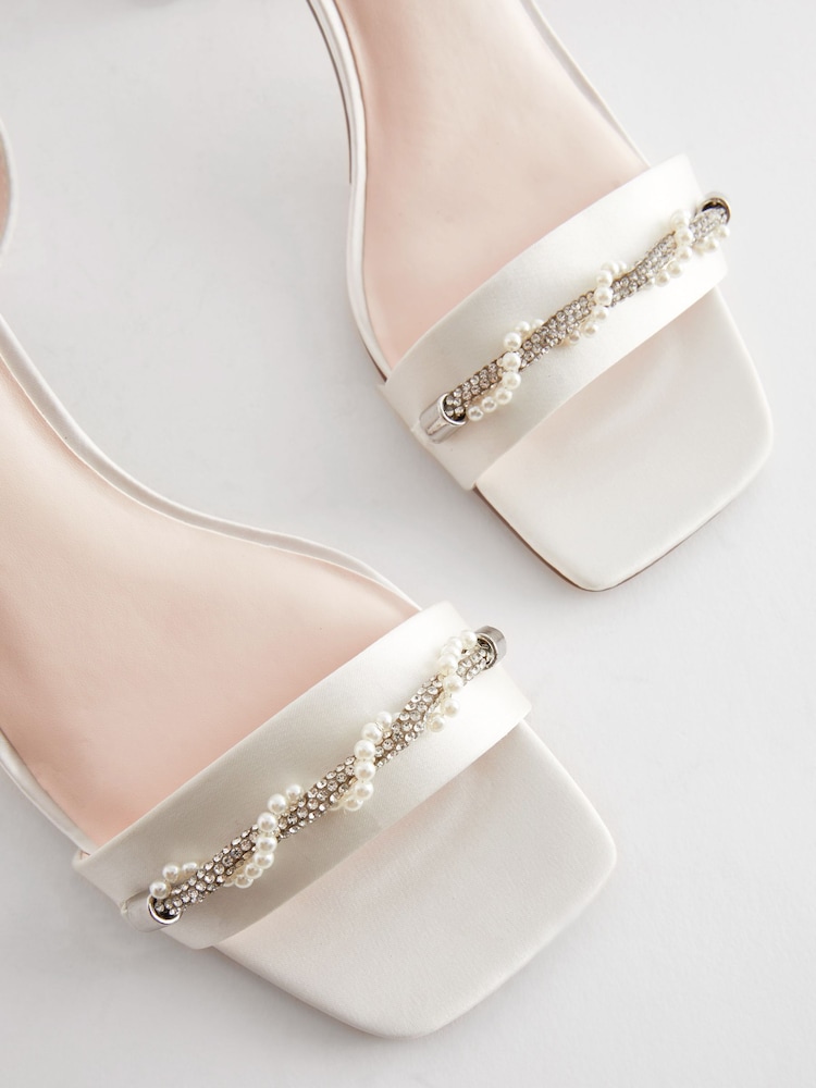 White Jeweled Forever Comfort® Wedding Satin Block Heel Bridal Sandals - Image 7 of 10