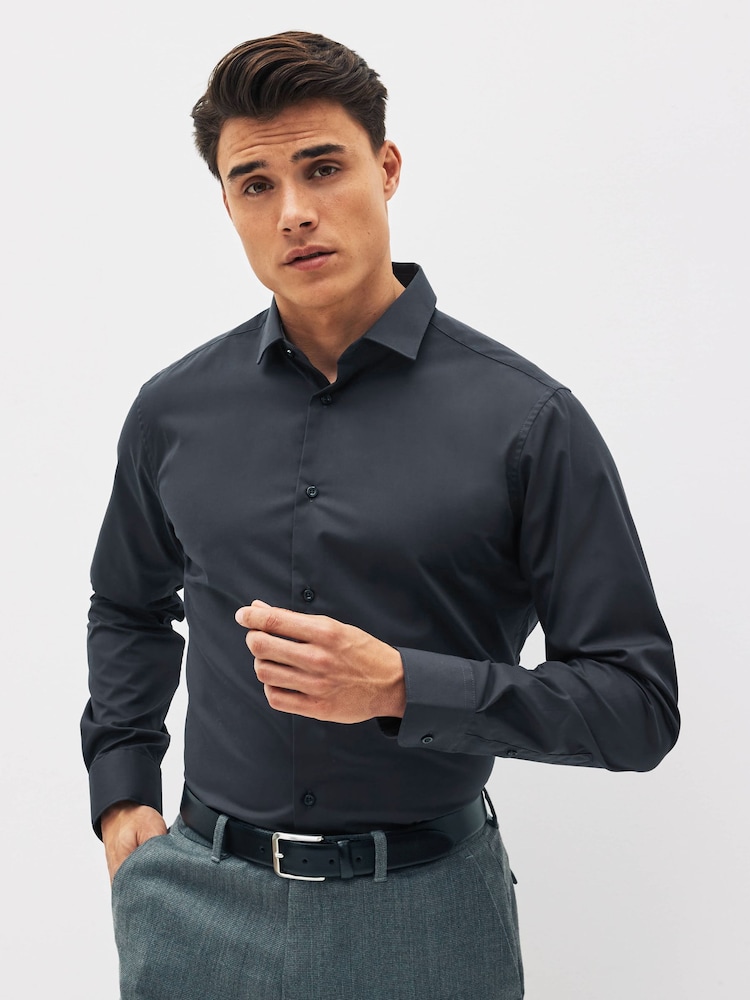 Charcoal Grey Slim Fit 100% Cotton Single Cuff Shirt - Image 1 of 6
