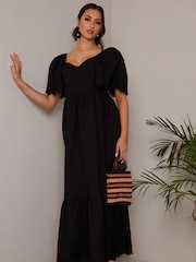 Chi Chi London Black Broderie Sleeve Poplin Maxi Dress - Image 1 of 4