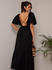 Chi Chi London Black Broderie Sleeve Poplin Maxi Dress - Image 2 of 4