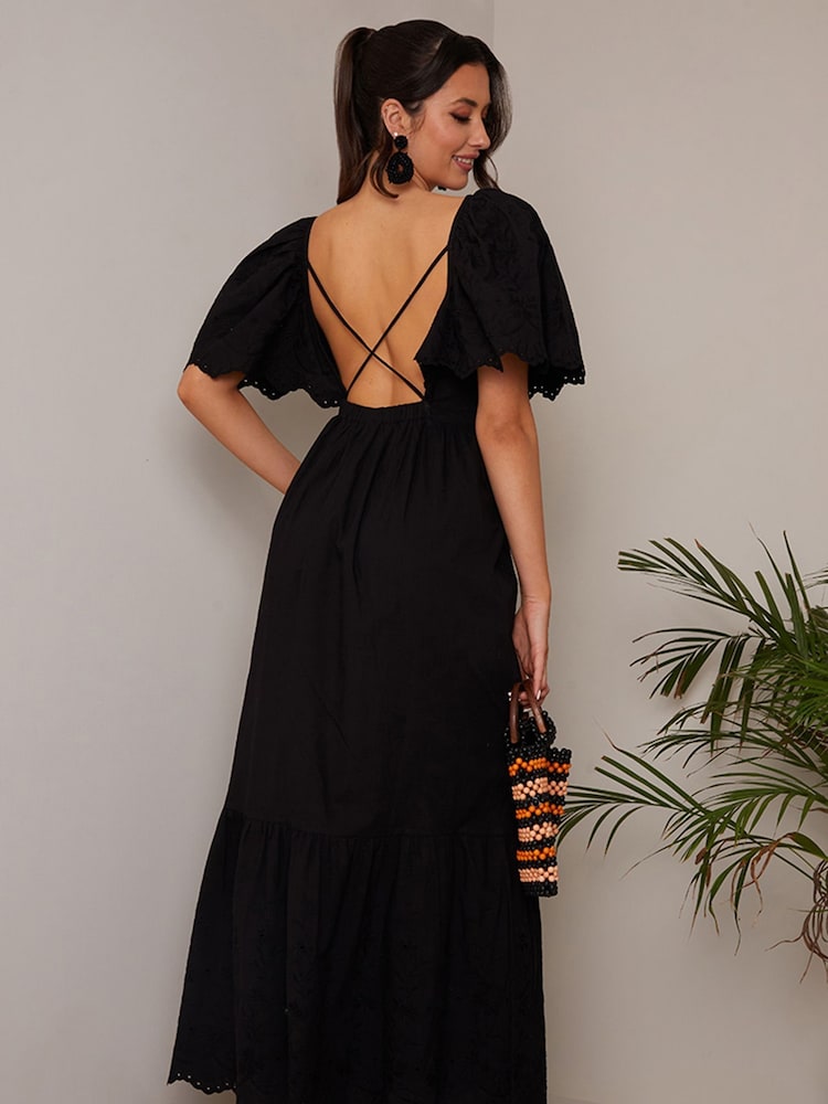Chi Chi London Black Broderie Sleeve Poplin Maxi Dress - Image 2 of 4