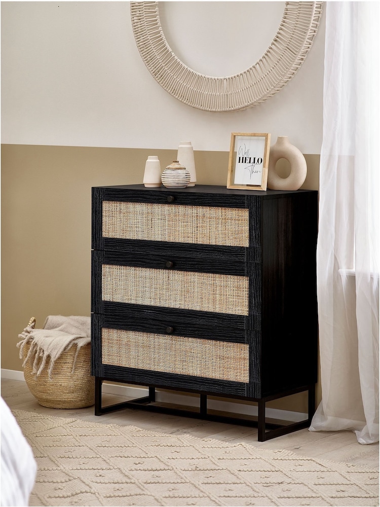 Julian Bowen Black Padstow Rattan 3 Drawer Chest - Image 1 of 4