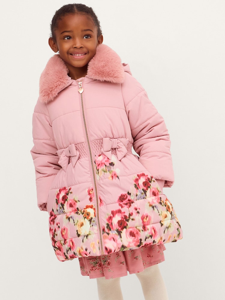 Monsoon Pink Blurred Floral Print Puffer Coat - Image 1 of 4 Monsoon Pink Blurred Floral Print Puffer Coat - Image 1 of 4