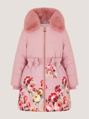 Monsoon Pink Blurred Floral Print Puffer Coat - Image 2 of 4