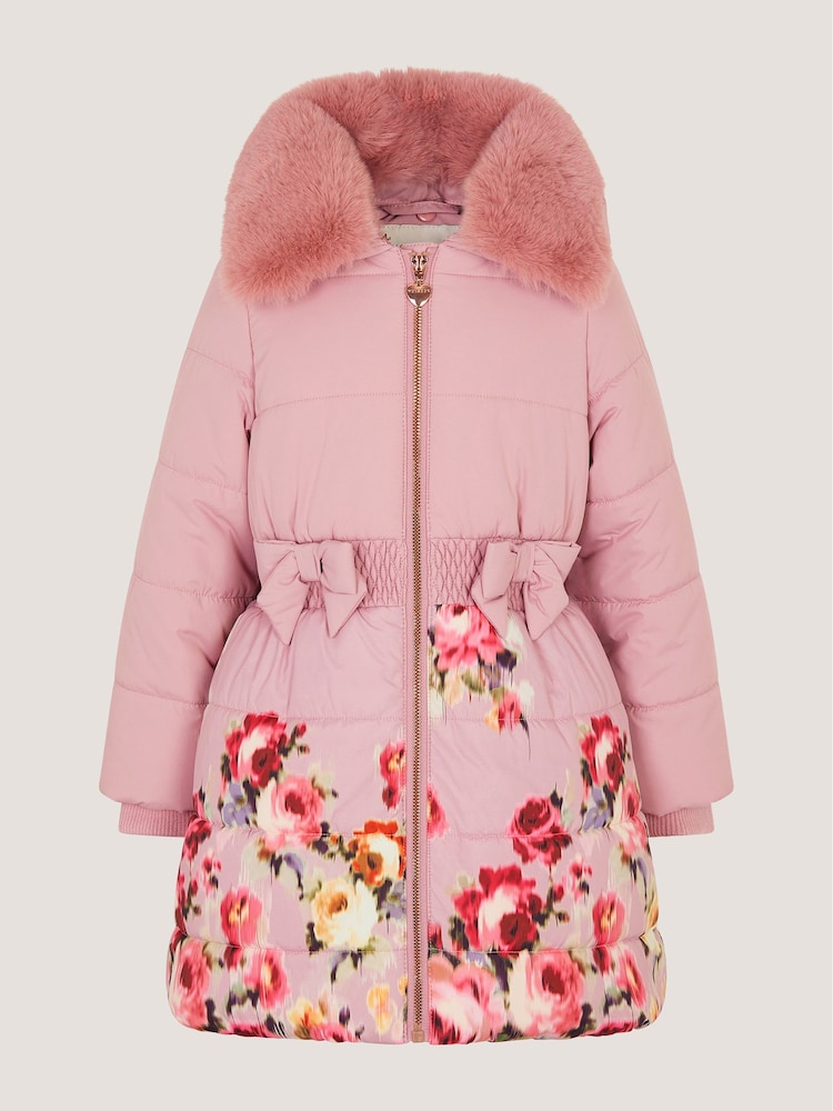 Monsoon Pink Blurred Floral Print Puffer Coat - Image 2 of 4 Monsoon Pink Blurred Floral Print Puffer Coat - Image 2 of 4