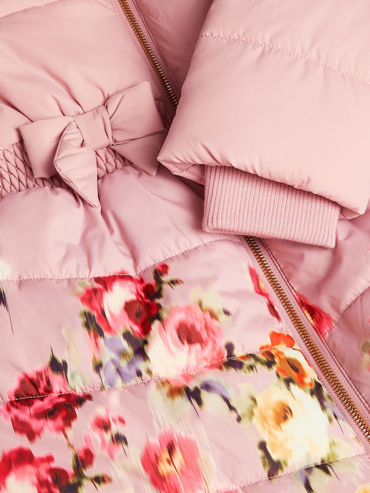 Monsoon Pink Blurred Floral Print Puffer Coat - Image 4 of 4 Monsoon Pink Blurred Floral Print Puffer Coat - Image 4 of 4