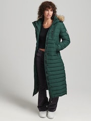 Superdry Green Faux Fur Hooded Longline Light Padded Puffer Coat - Image 1 of 4