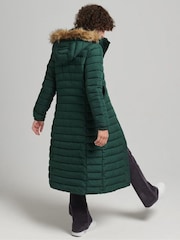 Superdry Green Faux Fur Hooded Longline Light Padded Puffer Coat - Image 2 of 4