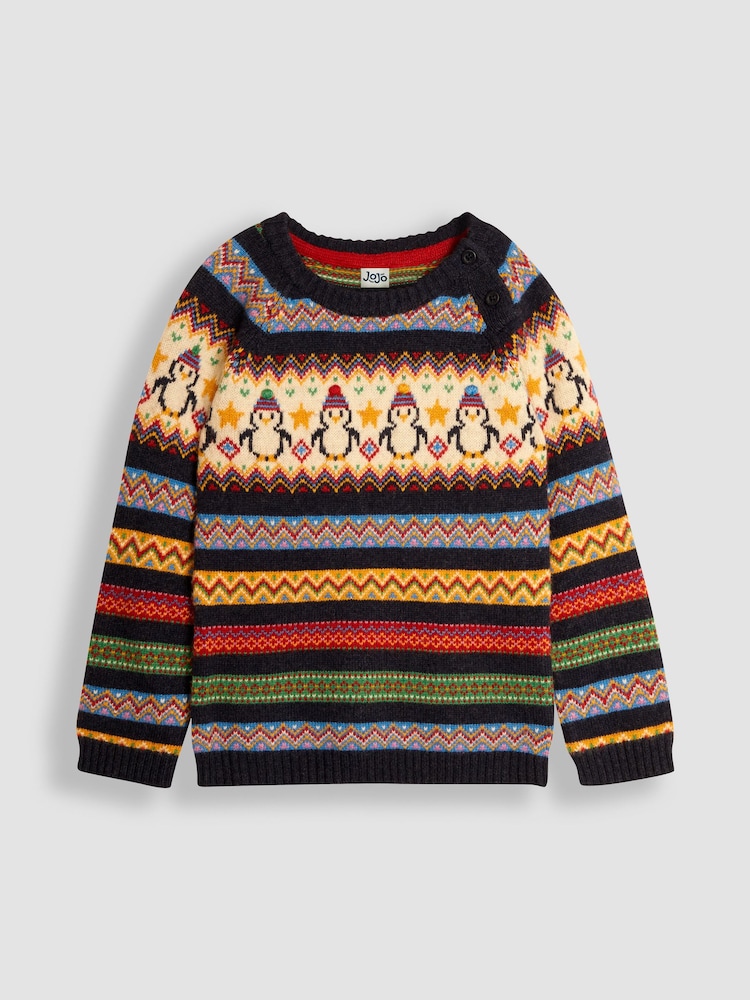 JoJo Maman Bébé Navy Blue Penguin Fairisle Pattern Jumper - Image 1 of 5