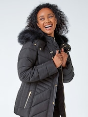 Roman Black Petite Faux Fur Hood Puffer Jacket - Image 1 of 5