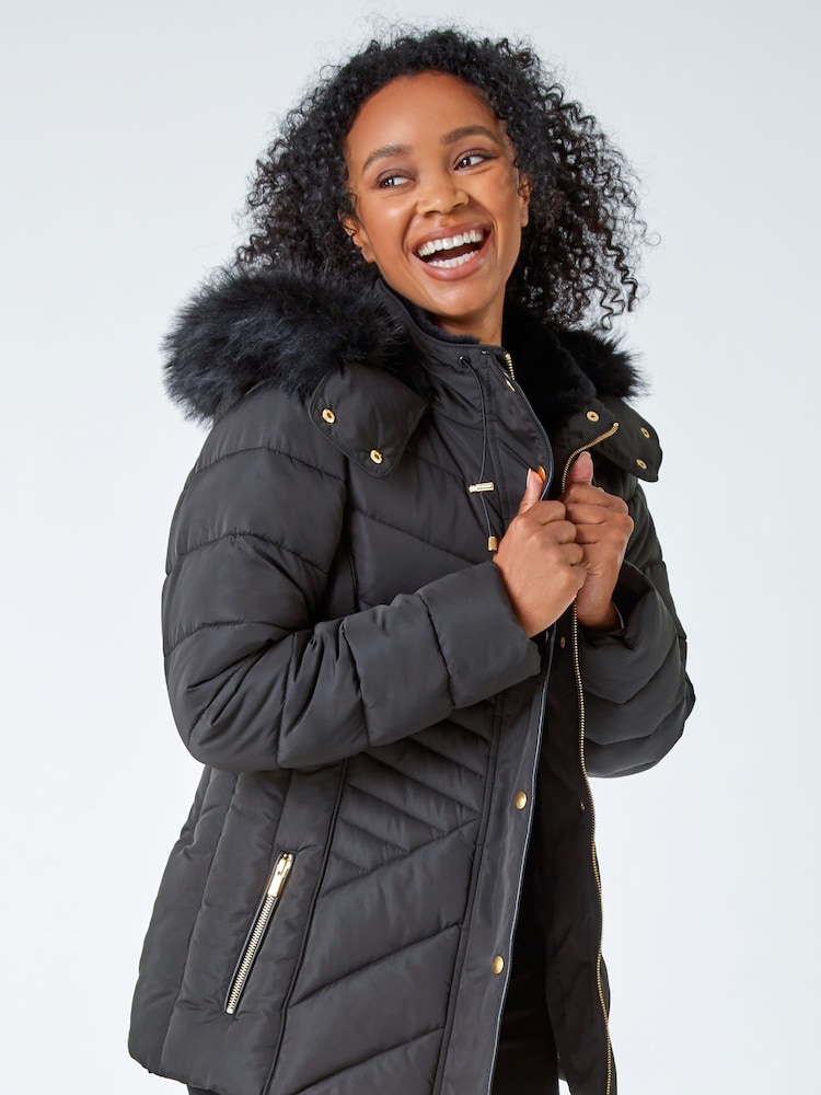 Roman Black Petite Faux Fur Hood Puffer Jacket - Image 1 of 5