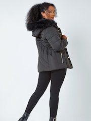 Roman Black Petite Faux Fur Hood Puffer Jacket - Image 3 of 5