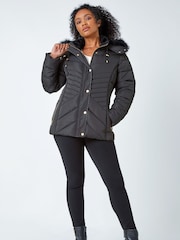 Roman Black Petite Faux Fur Hood Puffer Jacket - Image 4 of 5