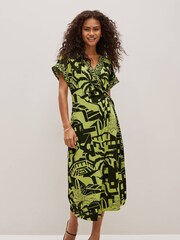 Khaki Green Scenic V-Neck Wrap Short Sleeve Trim Midi Dress - Image 1 of 6