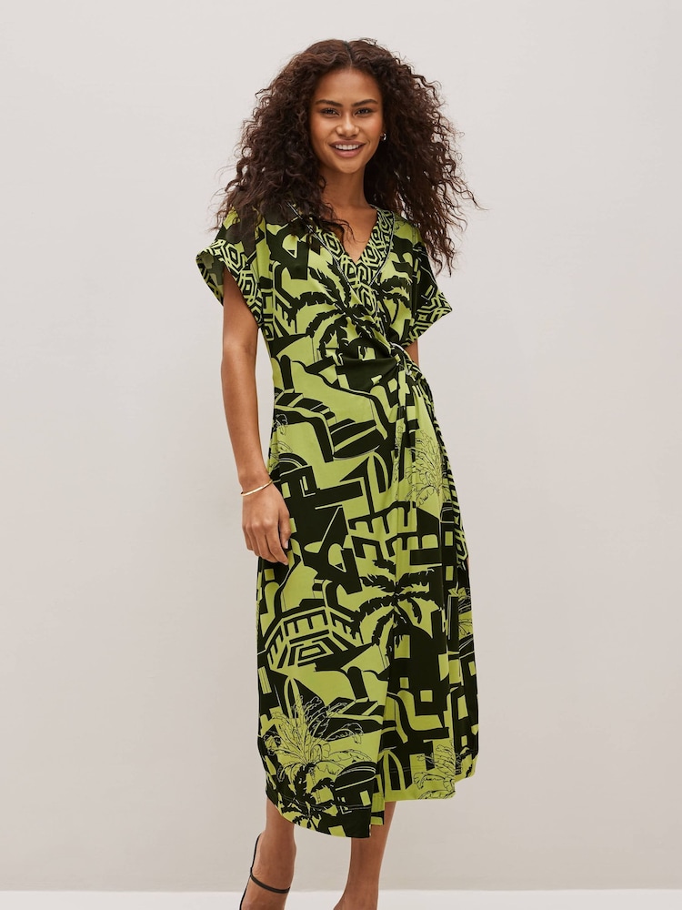 Khaki Green Scenic V-Neck Wrap Short Sleeve Trim Midi Dress - Image 1 of 6